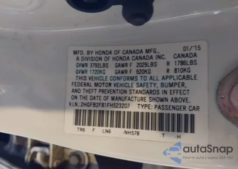 2015 Honda Civic Ex из США, поврежденный, VIN 2HGFB2F81FH523207